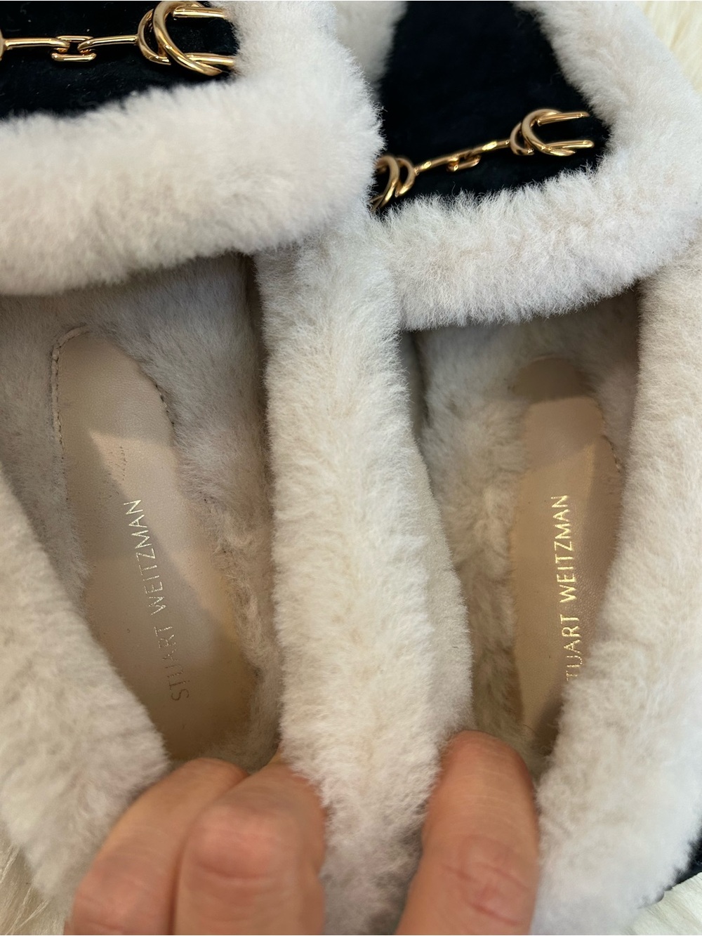 Stuart Weitzman Black Suede Loafers with Cream Shearling Trim and Gold Hardware - Picture 7 of 7